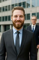 Professional businesspeople in suits, including a confident smiling man and a team of executives, standing in an office