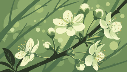 Illustration of a blossoming branch with white flowers and buds against a green background art style