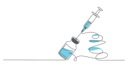 syringe drawing liquid from medical vial illustration, minimal vector symbol of vaccination, medication preparation and healthcare on white
