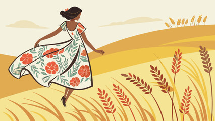 A woman in a floral dress walking through a wheat field on a sunny day with a gentle breeze blowing