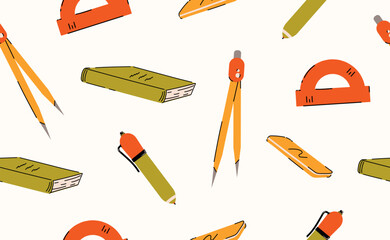 Cartoon school stationery seamless pattern. Hand drawn cool colorful children supplies, book, eraser, ruler, pen for education, study, sticker, banner. Back to school background. Flat vector illustrat