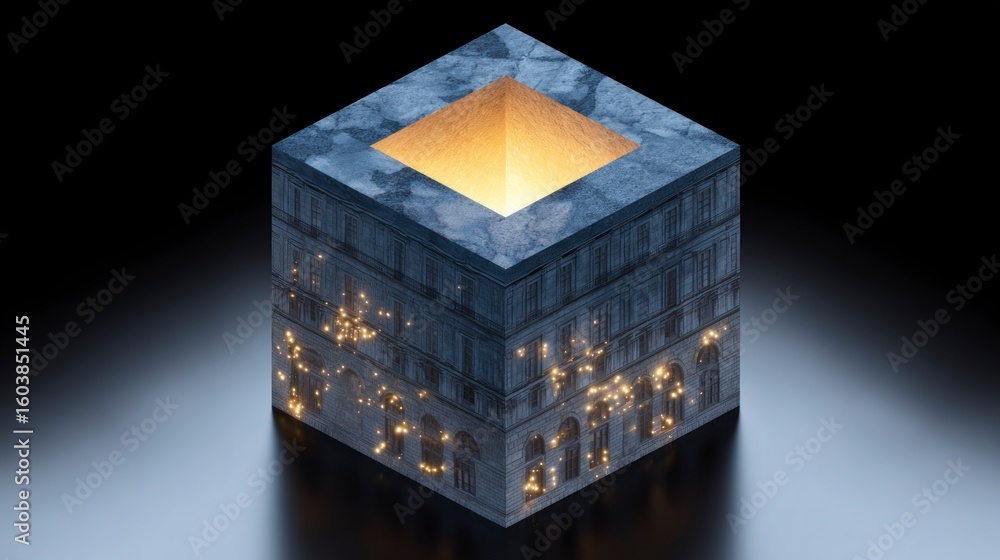 Poster isometric cube depicting a stone building with illuminated windows and a golden light opening at the