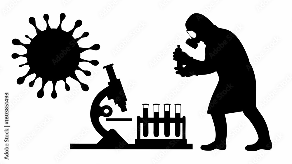 Poster silhouette of scientist in hazmat suit analyzing virus with microscope and test tubes in laboratory