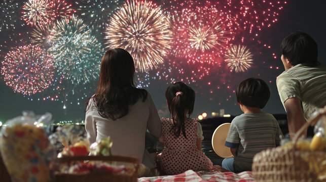 Japanese Family Enjoying Fireworks with Picnic Under Night Sky at Omagari National Fireworks Competition, Celebrating Togetherness, Tradition, and Joyful Summer Memories - Powered by Adobe