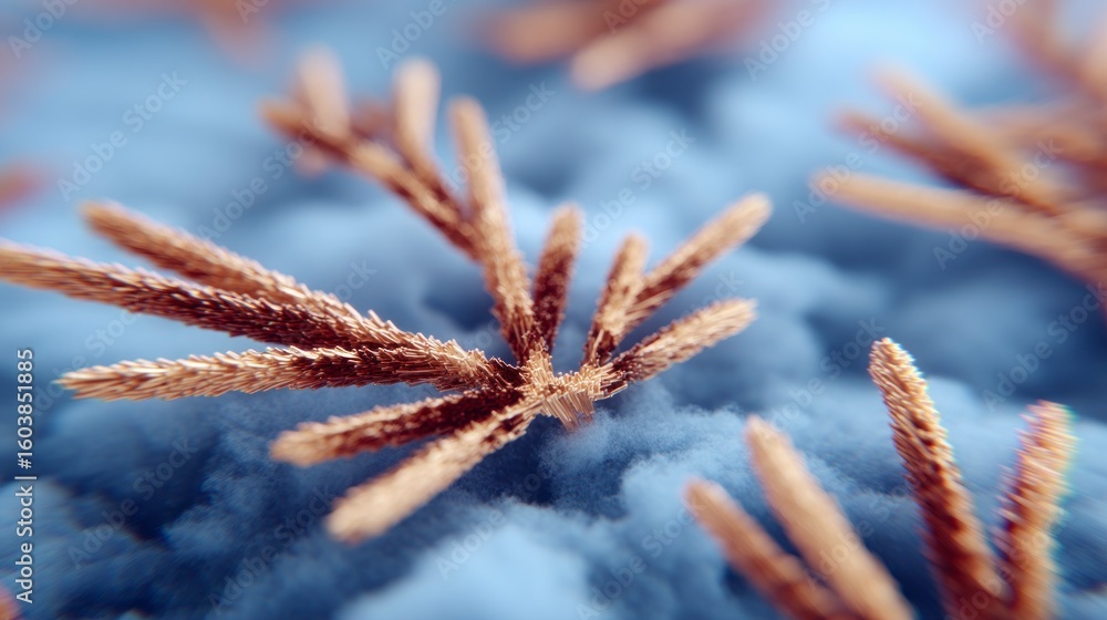 Poster macro view of golden spiky structures against a soft blue fuzzy background golden spiky objects in s