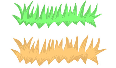 A set of Hand-drawn crayon artwork showing grass in spring and autumn seasons, isolated on transparent PNG background, cut-out style.