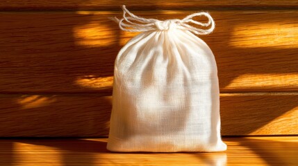 A white drawstring bag sits on a wooden surface.