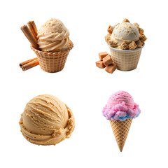 Sweet ice cream cones and scoops with caramel and cinnamon isolated on a transparent background