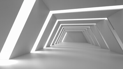 Obraz premium A minimalist architectural interior photograph of a white corridor with angular geometric shapes.