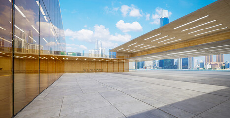 3d rendering panoramic skyline overlooking modern building exterior and empty plaza