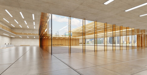 3d rendering modern empty building lobby with large glass panels and city view