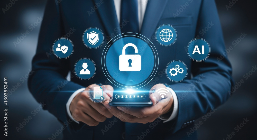 Poster cybersecurity data protection privacy network security ai technology internet security safety concep