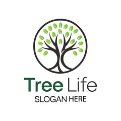 Tree Life Logo Design. Nature-Inspired Branding with Stylized Tree and Green Leaf Circle.