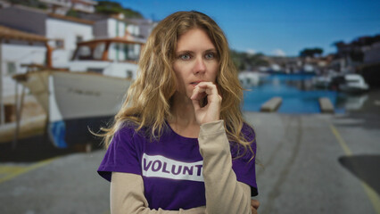 Woman touches hand by biting and stands on a dock as her blonde young volunteer shirt contrasts...
