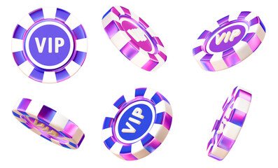 3d VIP neon, holographic casino poker chips. Y2k chips for betting and gambling games. Stock vector illustration on isolated background.	