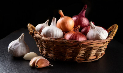 Shallots and garlic in a wicker tray on a shiny black table on a black background.
