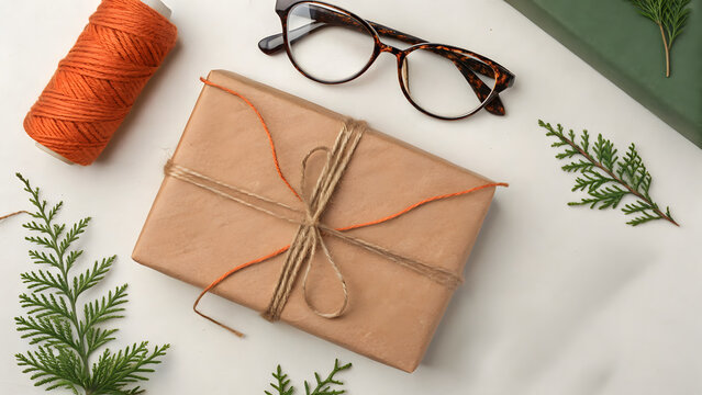 Flat lay of twine-wrapped package with tools and greenery