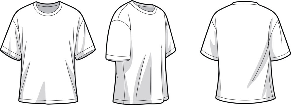 Oversized t-shirt fashion flat sketch with front, side, and back view, vector template for clothing design, cad illustration