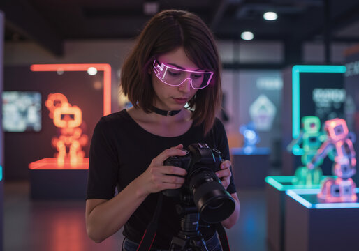 Woman photographer in glowing cyber glasses setting up camera. International Youth Day for technology and innovation. - Powered by Adobe