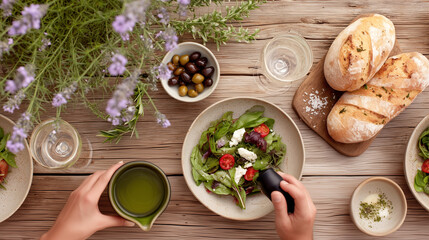Joyful gatherings hands sharing fresh salad bread olives wine on rustic wooden table. Mediterranean feast dining togetherness outdoor meal celebration community friendship social.