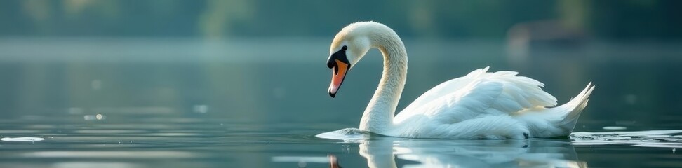 Close-up of elegant white swan's head, swimming gracefully on calm lake water , majestic, swan lake