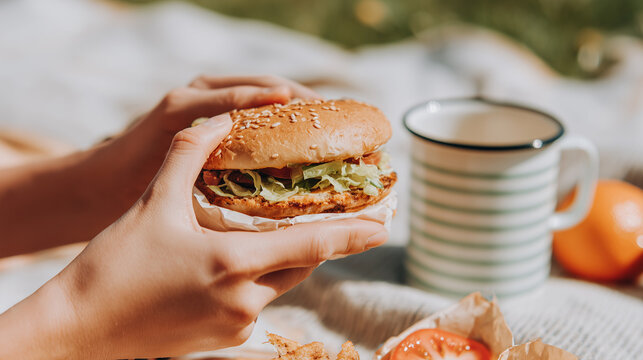 Hands holding fresh burger sandwich during joyful gathering with striped coffee mug. Social dining outdoor picnic lifestyle. Food sharing togetherness concept.