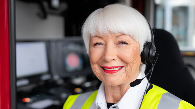 Senior woman operator wearing headset and high visibility vest smiling at workplace. Mature female dispatcher working in industrial environment with communication equipment.
