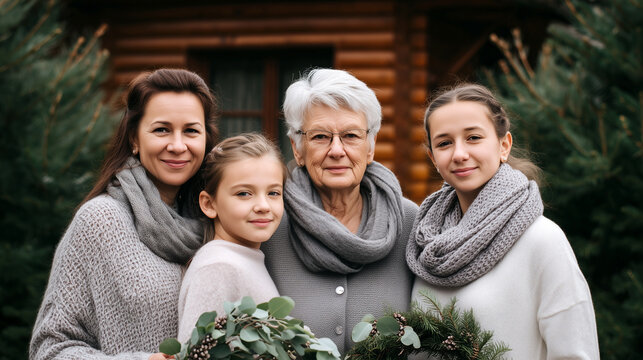 Four generations family women celebrating eco Christmas together. Grandmother, mother, daughters holding natural green wreath with pine eucalyptus. Cozy winter holiday portrait tradition.