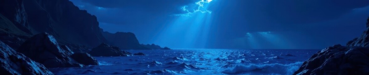 Deep ocean abyss, bioluminescent life, dark blue hues, hadal, mystery