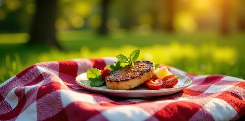 Elegant checkered blanket, gourmet food, sun-drenched setting, vibrant, basket