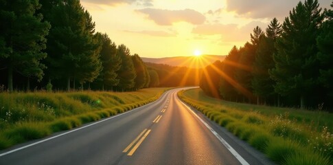 Empty race track at golden hour, vibrant green forest backdrop , picture, golden hour