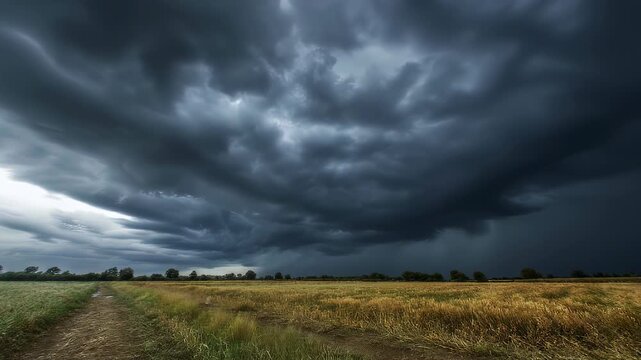 Massive supercell thunderstorm churning across open plains under dramatic swirling cumulonimbus clouds with ominous anvil‑head formation