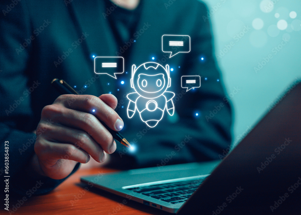 Poster  Using AI chat in search and giving to help in business has technology, to create computer concepts with robots as new digital software	
