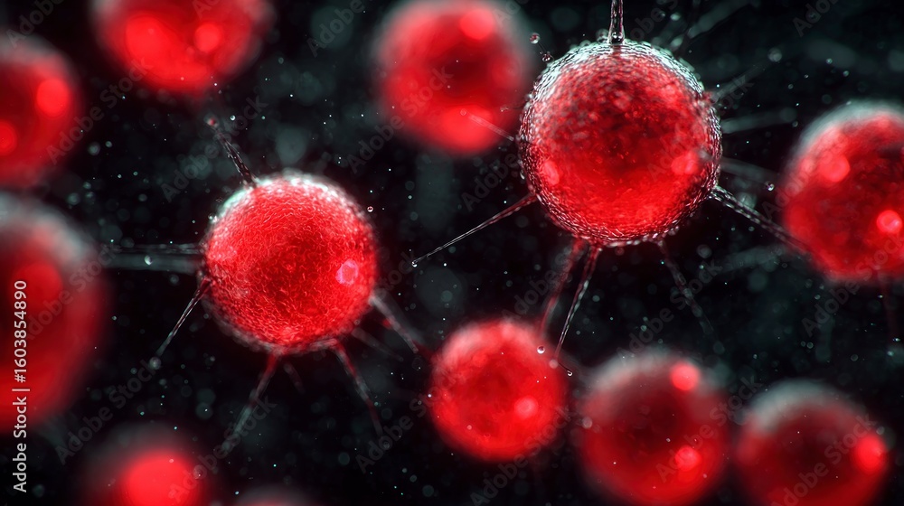 Poster close up microscopic view of clustered red spherical particles with fine projections and water dropl