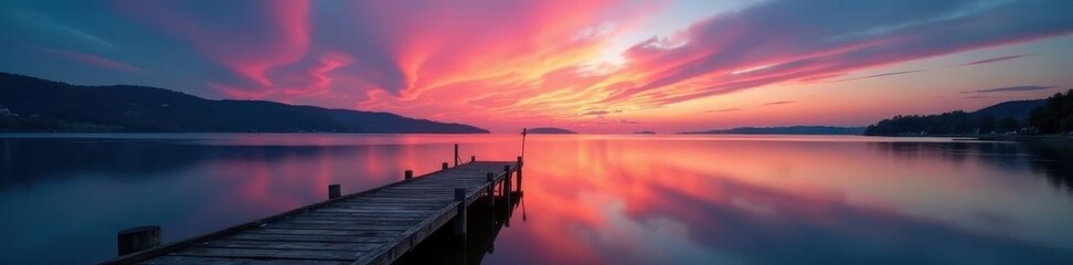 Mystical dawn paints the sky vibrant hues, reflecting on still lake water, old wooden jetty extends into the calm , dawn, reflection