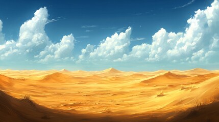 Fototapeta premium Golden Desert Landscape: Panoramic view of vast sand dunes stretching towards the horizon under a vivid blue sky, where clouds gently drift, a testament to nature's grand design and a timeless beauty.
