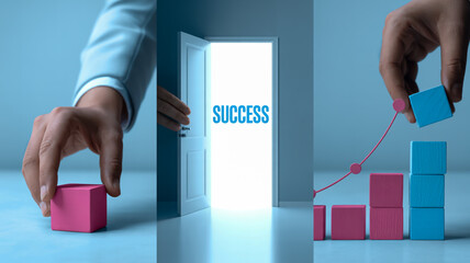 A triptych business success concept image showing three connected panels.