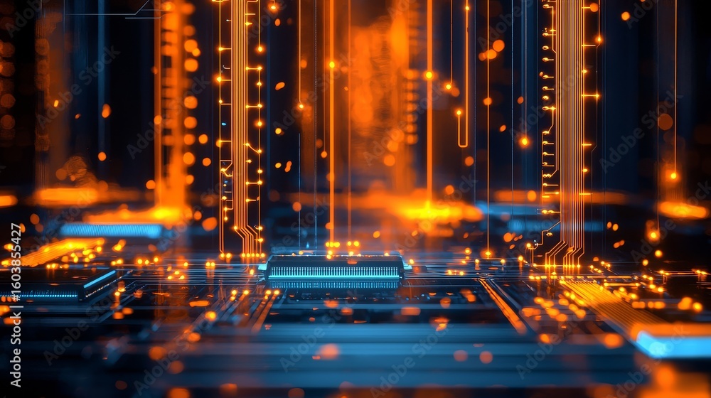 Poster illuminated pathways enhance abstract circuit designs, pushing the boundaries of contemporary techno