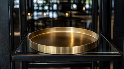 Fototapeta premium A shiny gold tray sits on a black shelf.