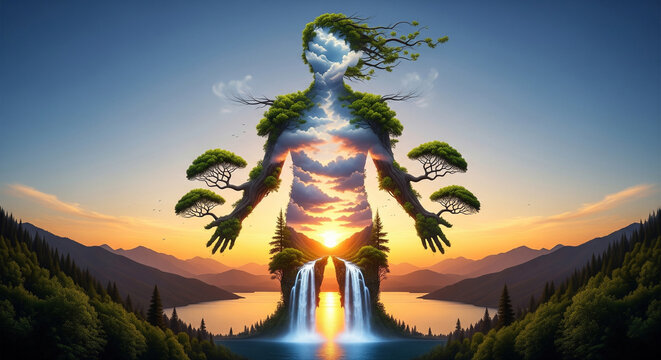 Nature s embrace a humanoid figure formed from trees and water