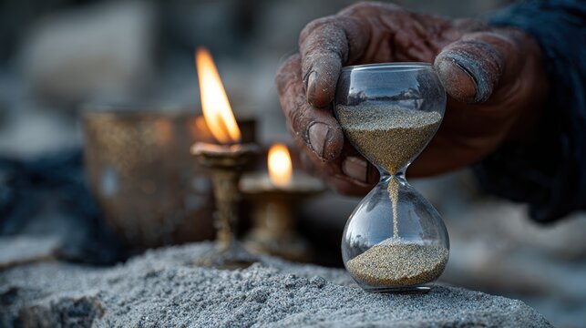 midnight rituals, midnight ritual with sage, hourglasses, and candlelit ceremony, capturing modern superstitious practices in dramatic style