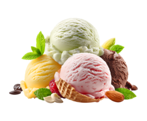 Fresh desserts,  ice cream and sorbets with different flavors and toppings isolated on a transparent background