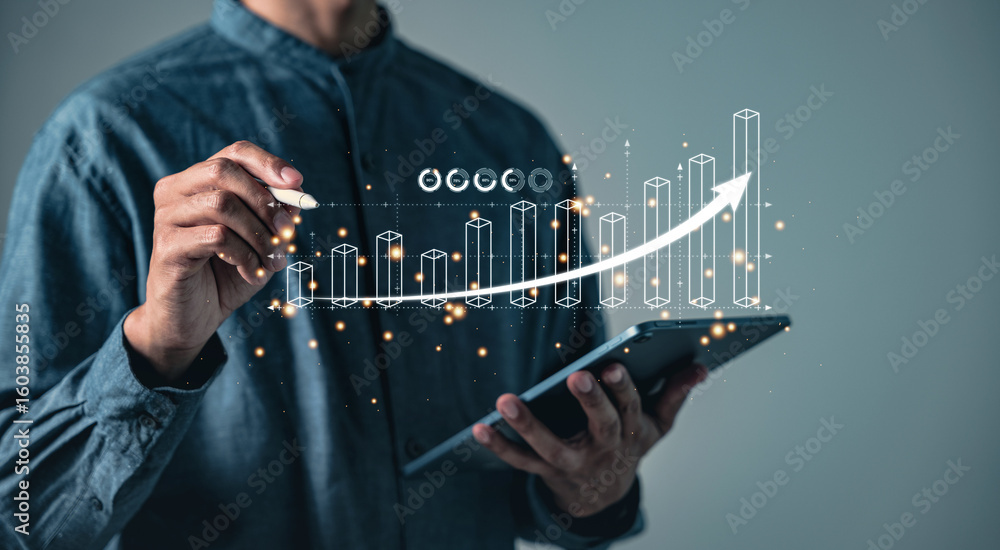Aufkleber a person uses a pen to interact with a bar graph and a rising arrow on a digital tablet, displaying