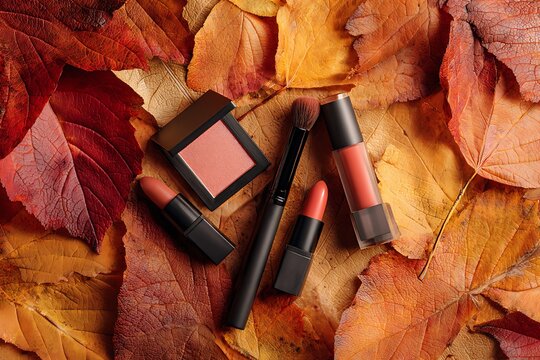 Stunning autumn makeup collection featuring lipsticks, blush, and brush artfully arranged on vibrant fall leaves