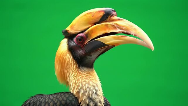 Close-up profile of a vibrant Great Hornbill, showcasing its striking yellow casque and large beak against a bright green background, a majestic tr...
