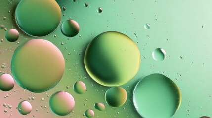 Abstract oil and water droplets, bubbles floating on surface with pastel green background. Ideal for cosmetic, science, wellness, and minimalist design projects
