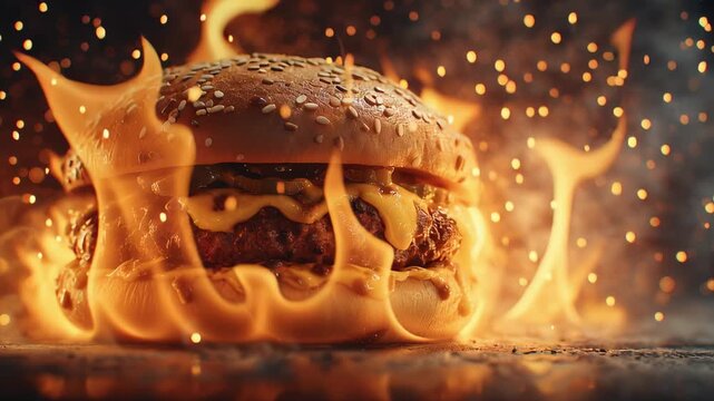 A burger with melted cheese on top of it is on fire. The fire is so intense that it is almost as big as the burger itself. Concept of danger and excitement, as if the burger is about to explode