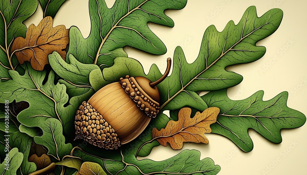 Poster the fine details of an acorn set in a backdrop of lush foliage.