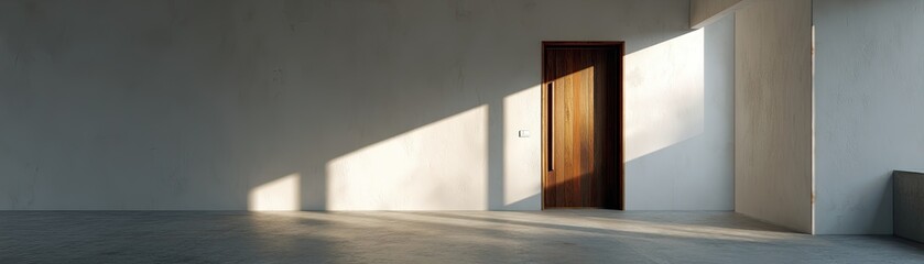 Empty room with a single door, sunlit shadows