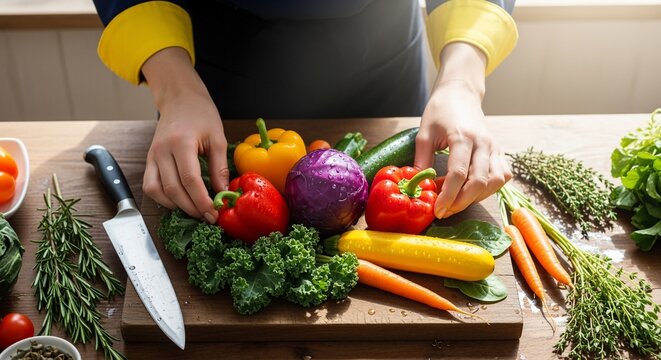 Chef Preparing Fresh Vegetables on Wooden Cutting Board - Powered by Adobe